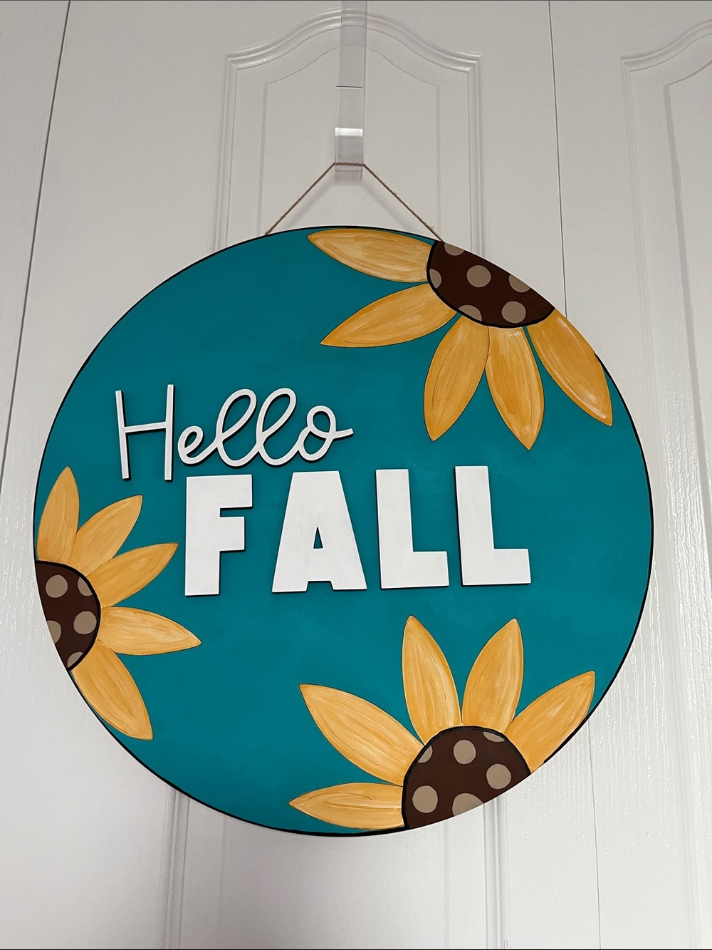 18 inch Hello Fall Teal and Yellow Round Wall Sign/Hanger
